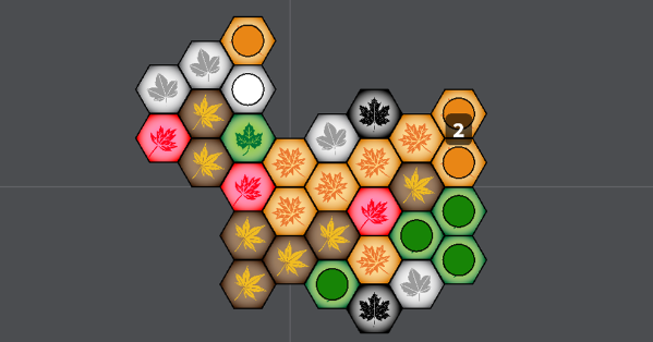A set of hexes showing different color leaves in autumnal colors, some hexes with markers on them